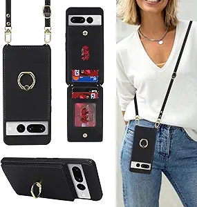 for Google Pixel 7 Pro Case with Card Holder and Strap for Women,Crossbody Lanyard,Ring Stand,Snap Clasp,Phone Wallet Cases 6.7 inch(Black)