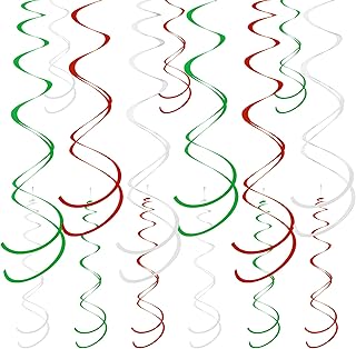 Colorful Ceiling Swirl Foil Decorations Hanging Plastic Streamer Themed Swirl Party for Graduation Celebration, Pack of 28 (Red, Green and Sliver)