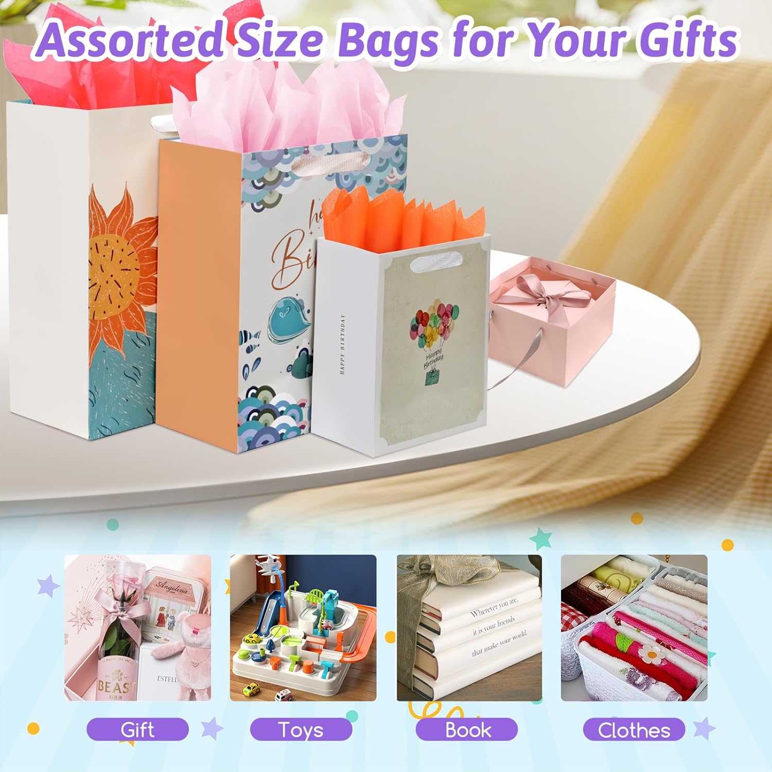 UOKHO Birthday Gift Bag with Handle and Tissue Paper, 8 Pcs Reusable Gift Bags Assorted Sizes and Designs, Large, Medium, Small Size Birthday Gift Bag for Kids, Women, Men -15“,13“, 9“ - Image 6