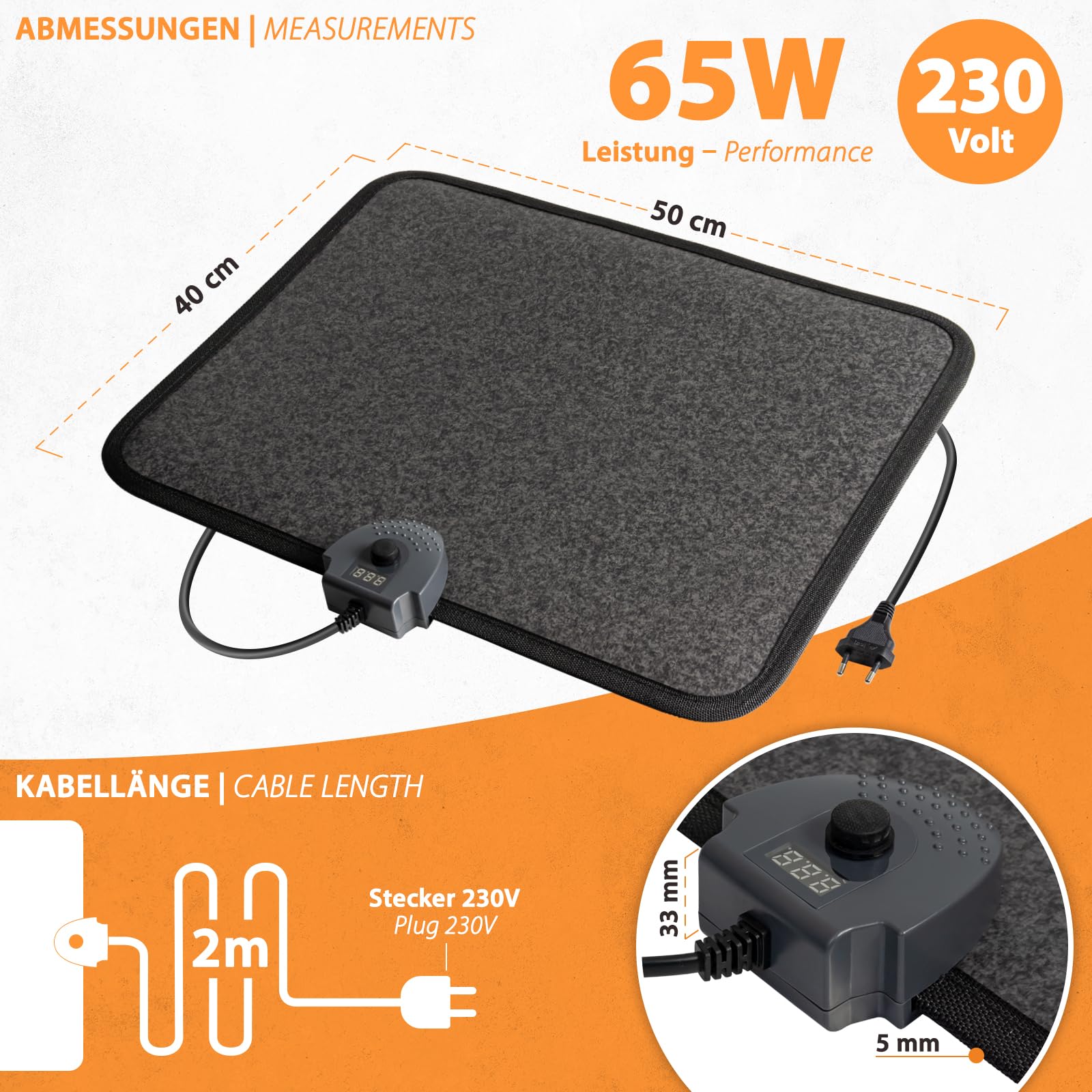 Mi-Heat Infrarot Heizmatte 40x50cm Fußschalter Thermostat 4 Heizstufen bis 45°C Temperatur fester 3 Stunden Timer rutschfeste Rückseite elektrischer PVC Heizteppich leicht zu reinigen