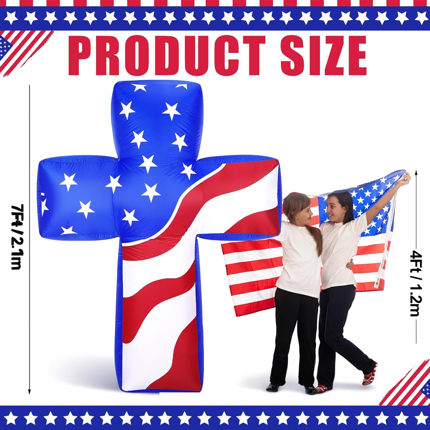 MiniInflat 7FT 4th of July & Memorial Day Inflatable Decorations America Patriotic Cross with Built-in LED Lights 250th Anniversary Outdoor Blow up Decor for Independence Day