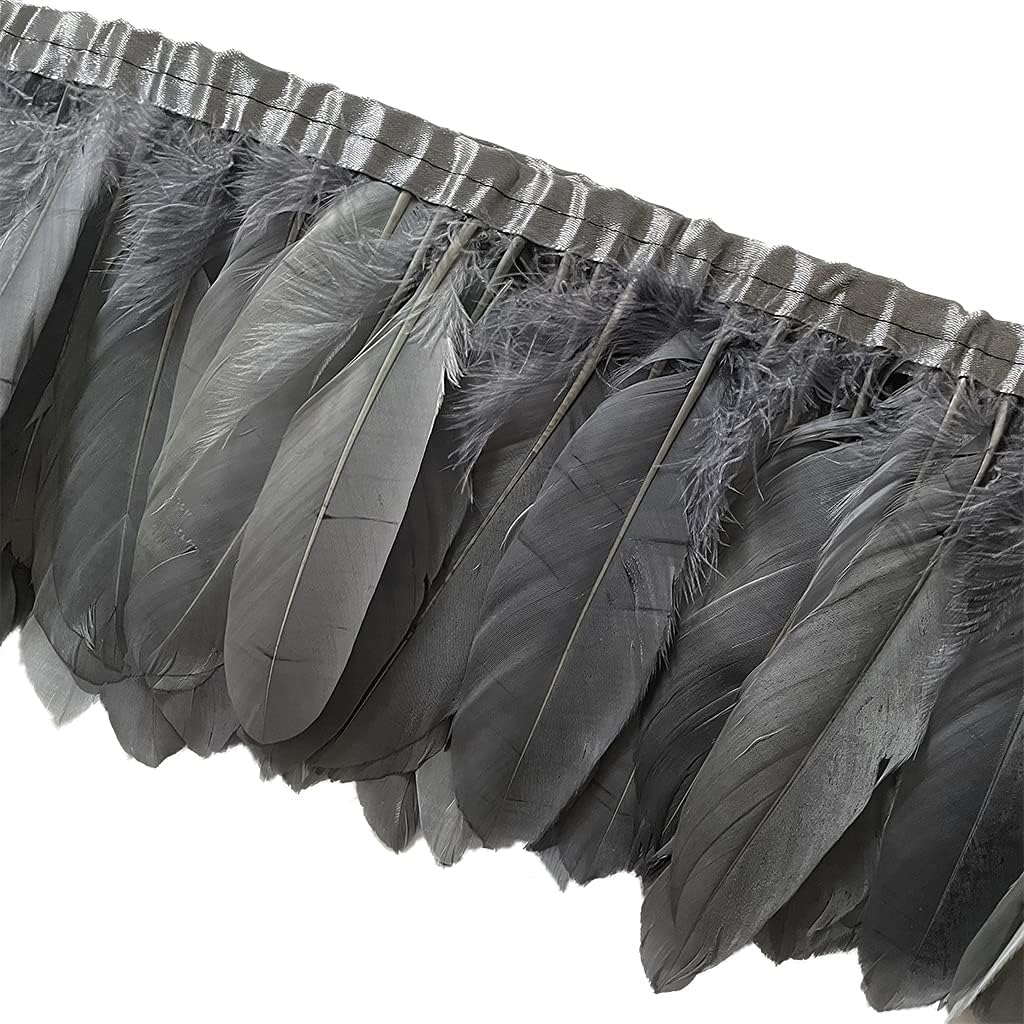 LONDGEN Grey Goose Feather Fringe Trim 2 Yards 6-8inch for Party Clothing DIY Sewing Craft Wedding Dress Decor