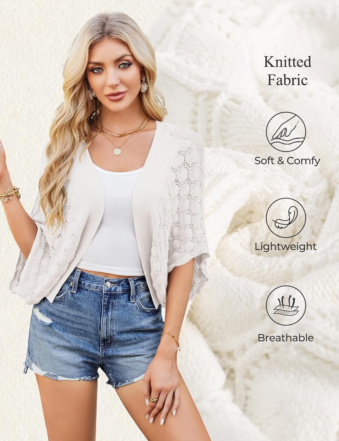 GRACE KARIN Summer Cropped Cardigan for Women 2026 Batwing Sleeve Crochet Bolero Shrug Sweaters Lightweight Beach Boho Kimono