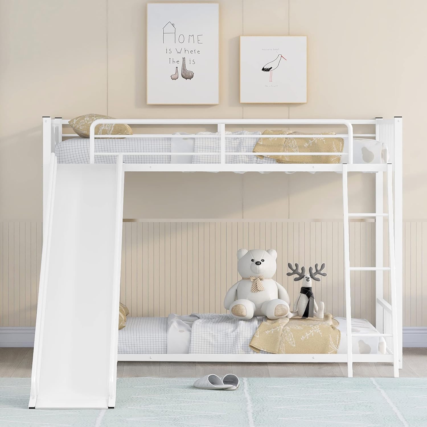 METALMASTER Metal Bunk Beds Twin Over Twin with Slide, Heavy Duty with Ladder for Girls & Boys, (White)-image-10