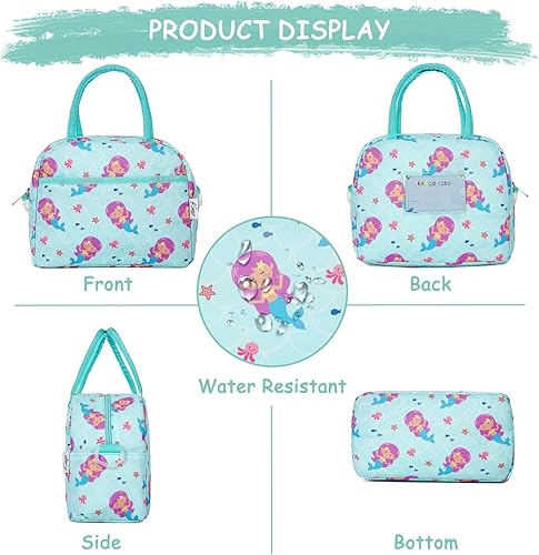 Miniatura 6 de Kasqo Lonchera para niños, bolsa térmica aislada para niñas pequeñas con correa de hombro frontal y bolsillo, sirena