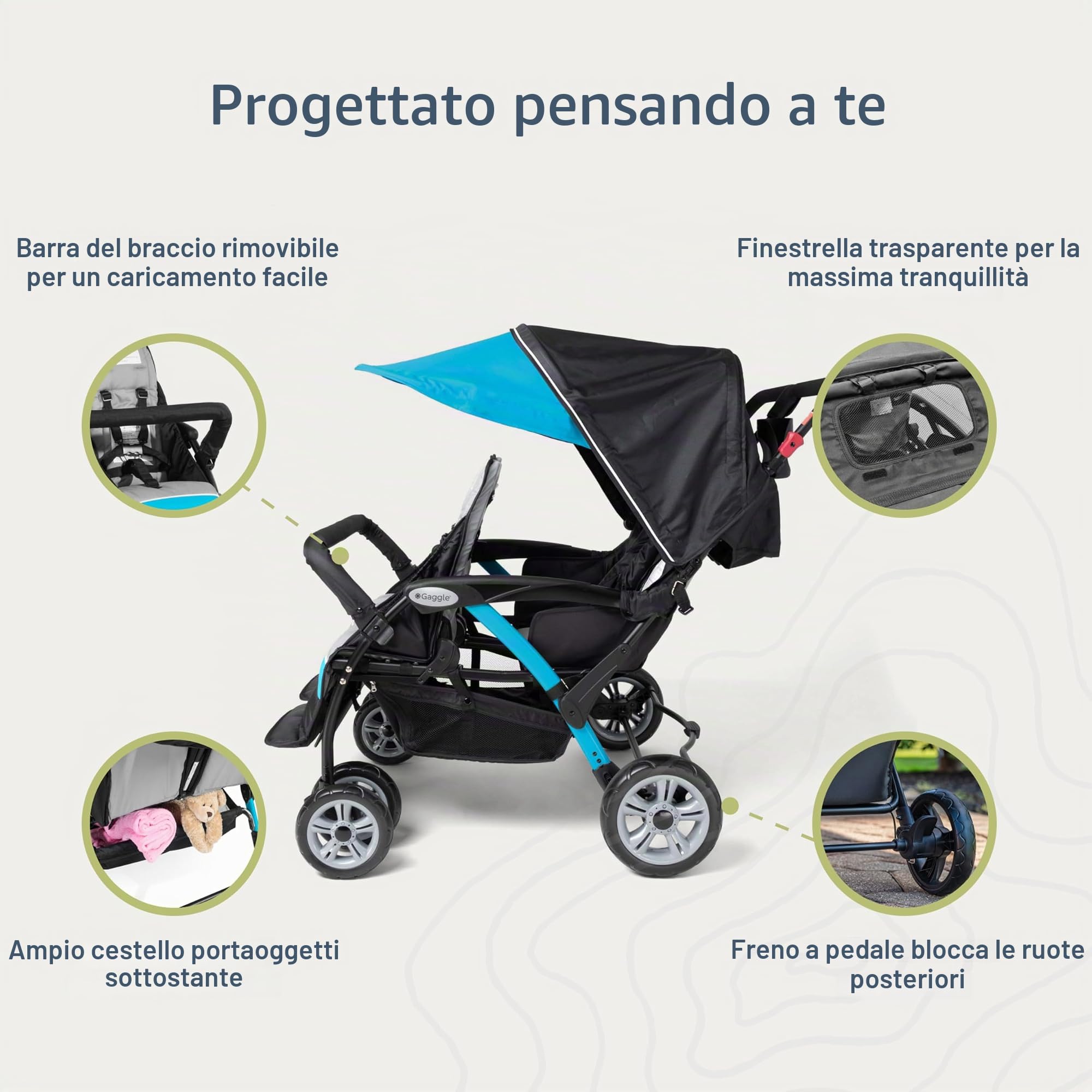 GAGGLE - Compass | Passeggino Quad, Nero | Passeggino a 4 posti, pieghevole, facile da riporre - Da 6 mesi a 4 anni - Imbracatura regolabile a 5 punti | Seggiolini regolabili | Parasole per passeggino