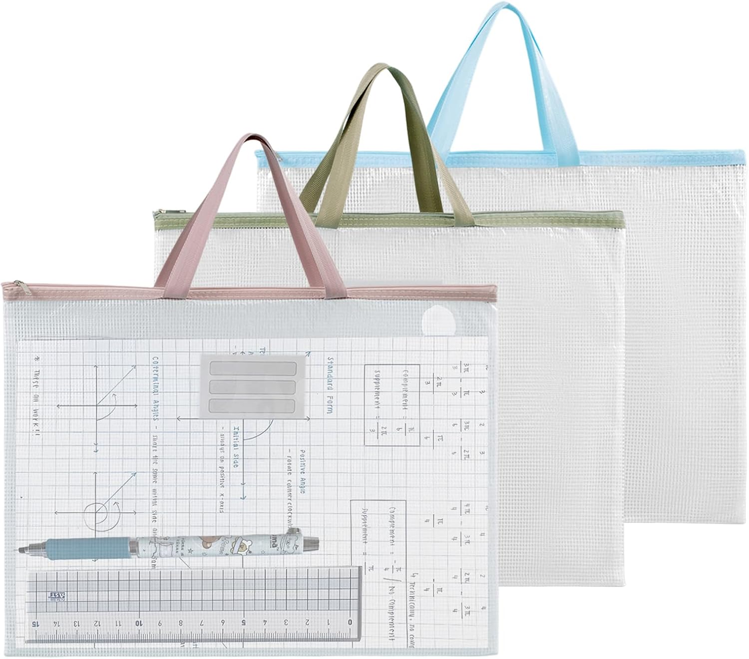 VEGCOO 3Pcs Mesh Art Portfolio Bag, Art Portfolio Case, Blue, Green, Pink, A2, classic
