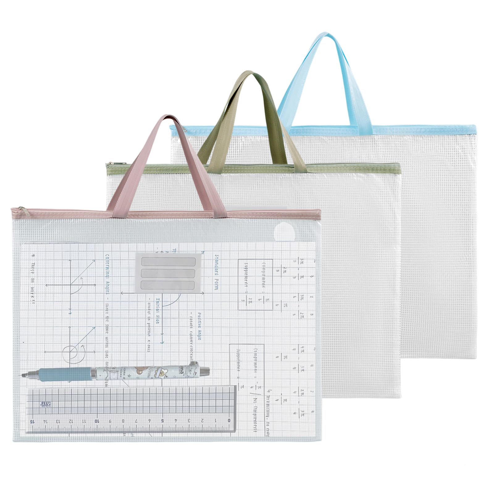 VEGCOO 3 Pack A2 Mesh Art Portfolio Bag, Waterproof Portfolio Folder for Artworks, Transparent Portfolio Case, Zipper and Handle Art Carrying Storage Bag for Posters Drawings (A2)