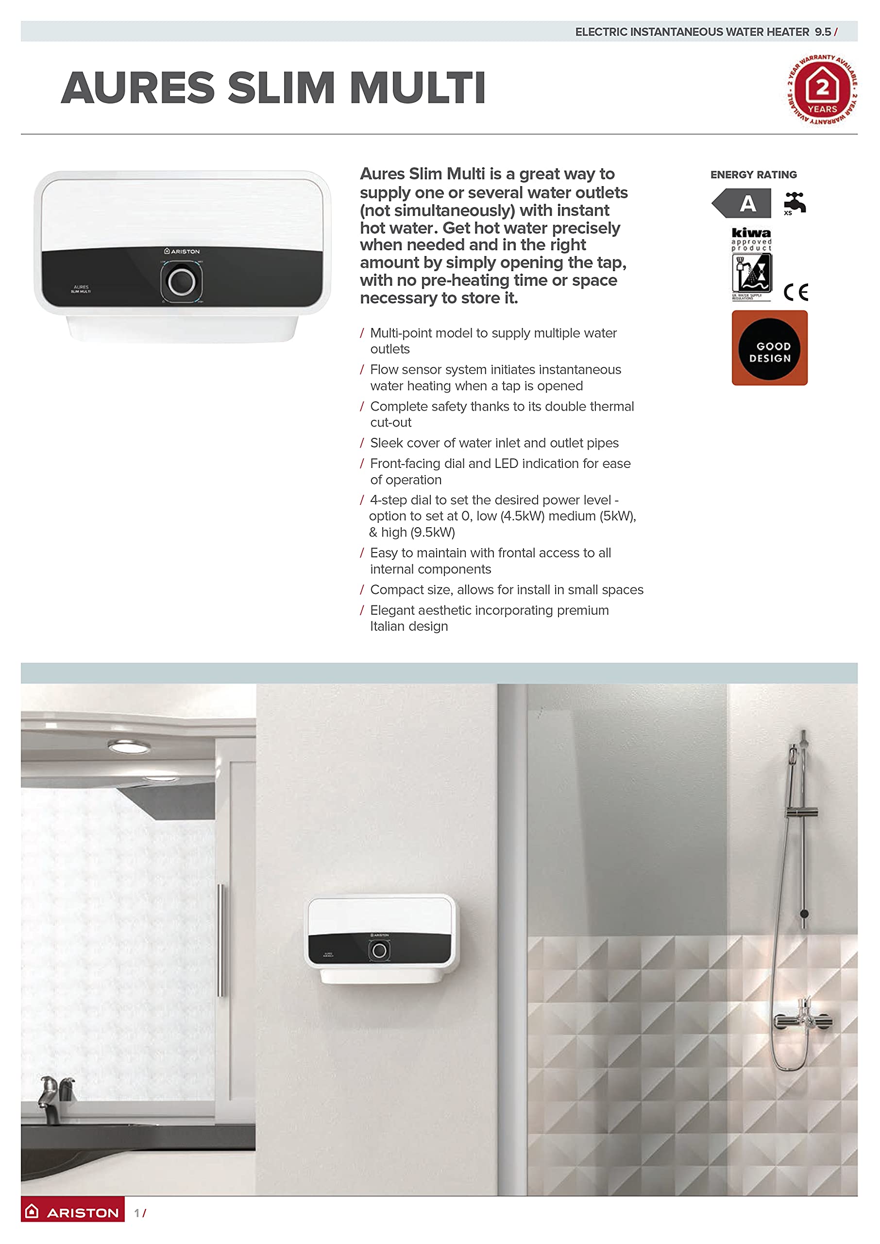 Ariston AURES SLIM MULTI Electric Instant Water Heater 9.5 kW, Multi ...