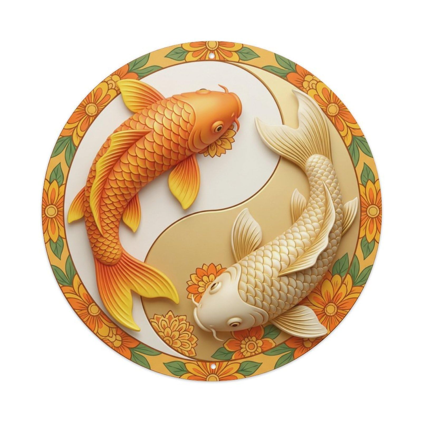 Metal Tin Sign Tai Chi Koi Fish Marigold Yellow
