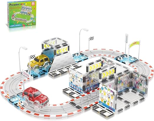 PicassoTiles Magnetic Tile Race Car Track Building Set with 2 Trucks Street Signs Stadium Accessories Construction Toy for Kids Age 3 Plus STEAM Learning Track Tiles Kit Motor Skills Creativity PTQ05