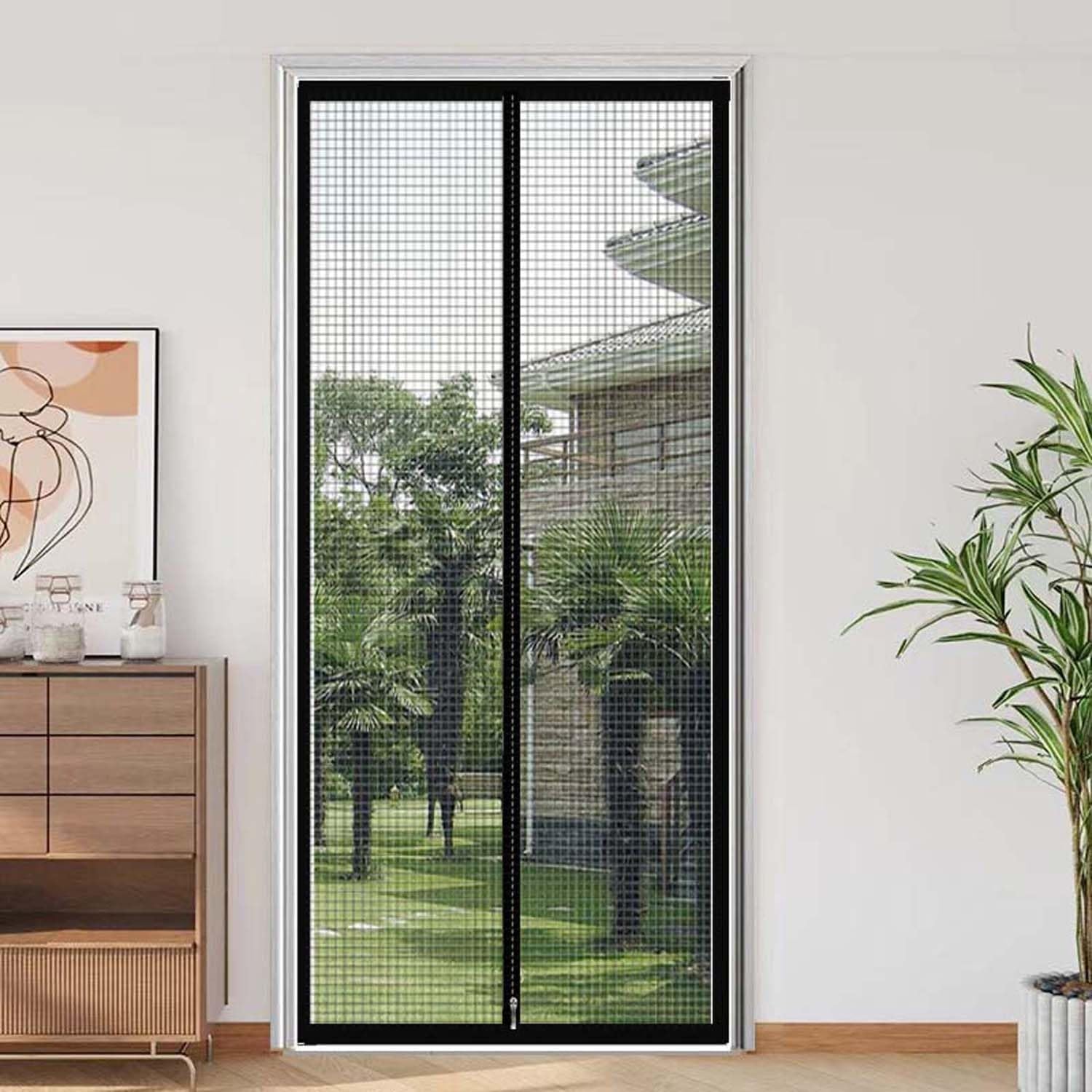 Puerta de malla para mascotas, barrera para gatos y perros con cerradura de 2 vías, tamaño ajustable (90 x 210 cm), red negra para mascotas, fácil instalación en interiores y exteriores