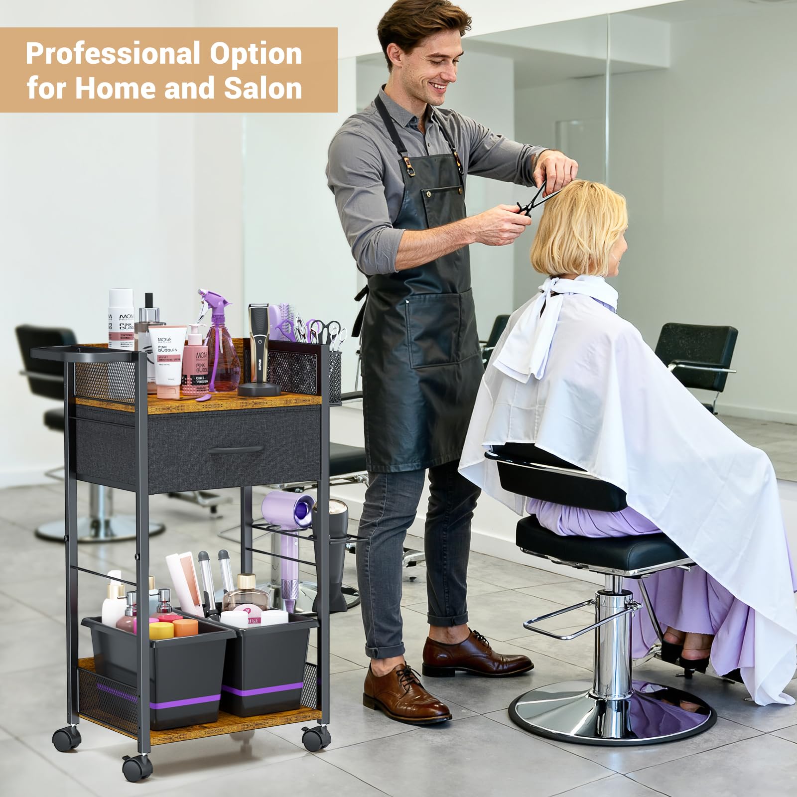 Salon Trolley Cart with Wheels, Metal Tool Holder, Basket and Drawer
