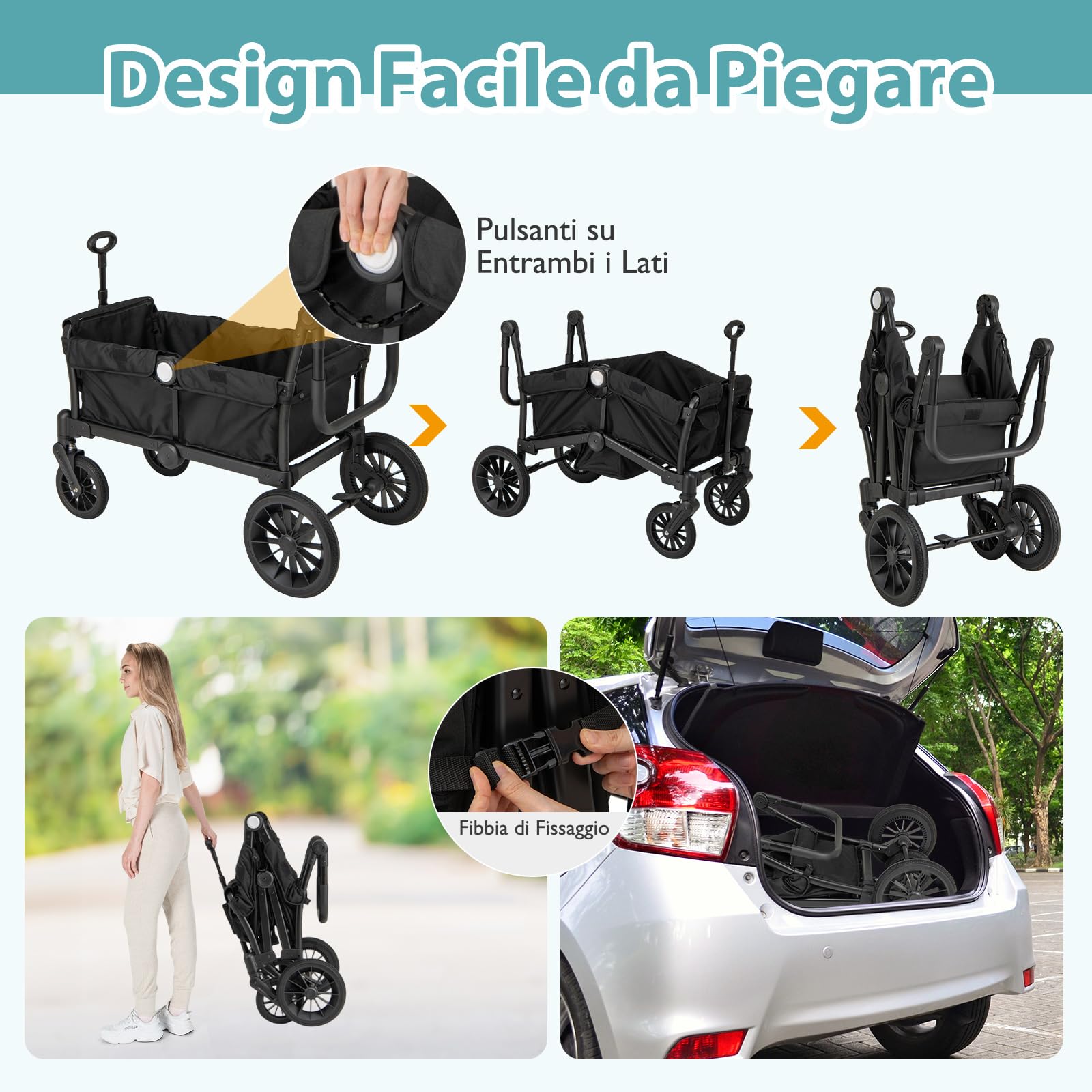 COSTWAY Passeggino Doppio Pieghevole, Passeggino Gemellare con Manico Regolabile, Tettuccio Rimovibile, Portabicchieri, per Bambini da 6+ Mesi, 104 x 57 x 107 cm (Nero)