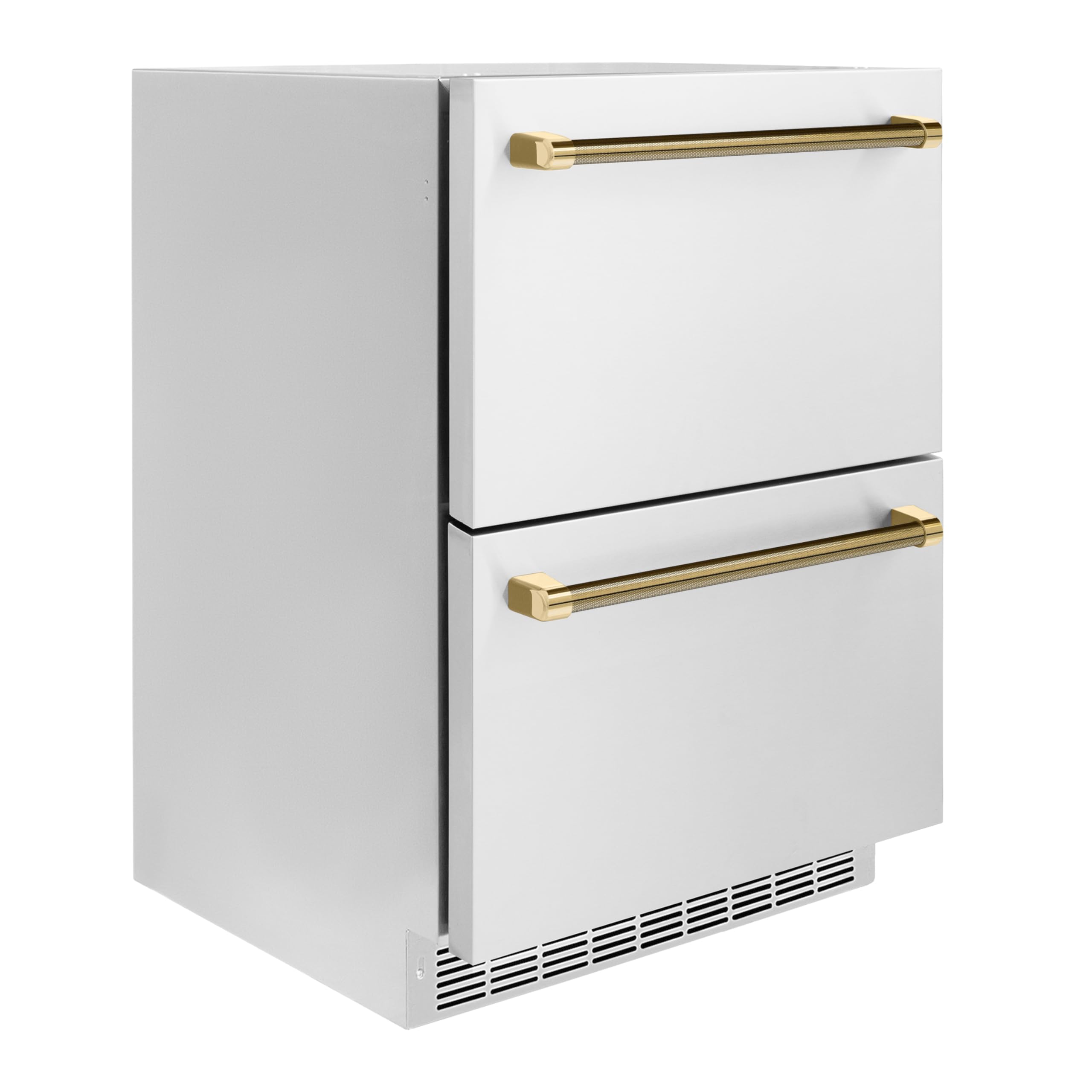 ZLINE Autograph Edition 24 In. Touchstone 168 Can Outdoor-Rated Dual Refrigerator Drawer With Stainless Steel Doors And Polished Gold Helix Handles (Rdsoz-St-24-Kg) on Fridge.com - View 2