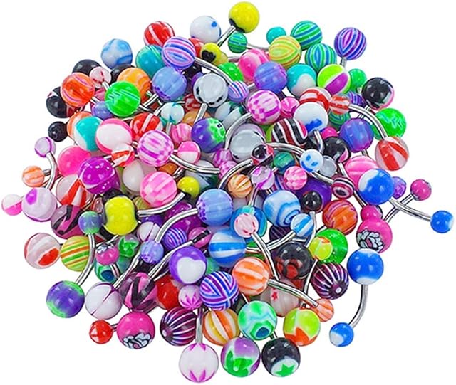 nuoshen 120 PCS Belly Button,Stainless Steel Acrylic Colorful Sexy Belly Bar Button Rings Body Piercing Jewelry Banana Barbells for Body Decoration