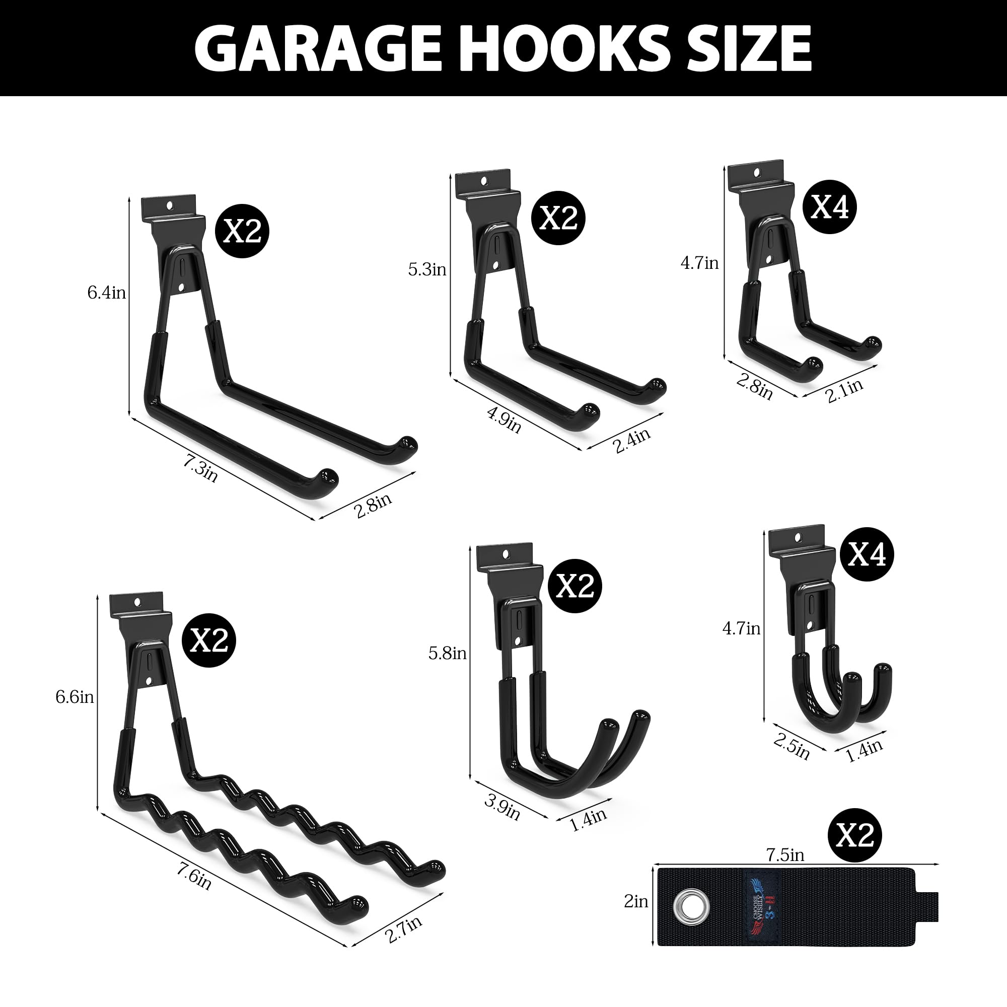 3-H 16 small pièces Slatwall Crochets Slatwall Accessoires Crochets de garage,Garage Hooks avec 2 sangles de rangement pour outils Jardin Garage Remise(Noir)