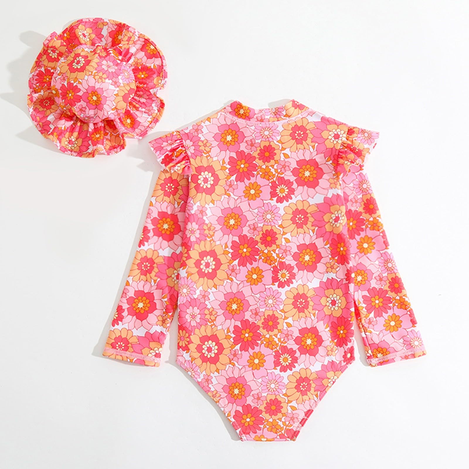 Generisch Bañador para niña, de manga larga, con estampado floral, traje de baño para playa, bikini con sombrero, 2 piezas