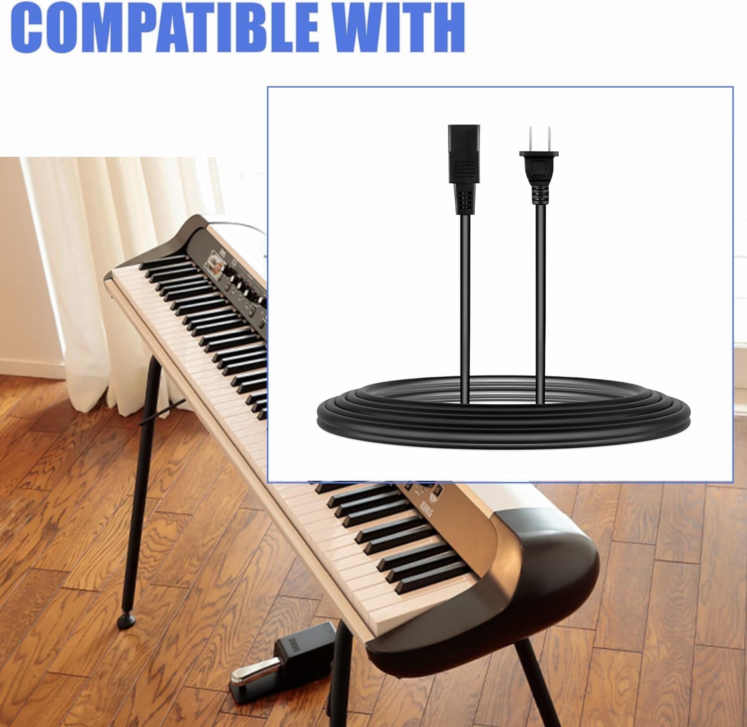 SKKSource 2-Prong Square AC Power Cord compatible with Korg Piano