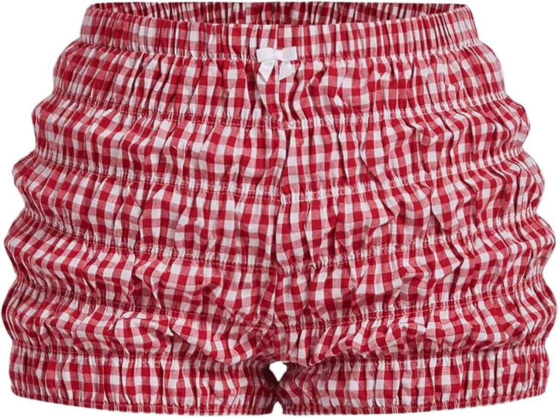 SHENHE Women's Plus Size Plaid Ruched Bloomer Shorts Elastic Waist Cute Mini Shorts
