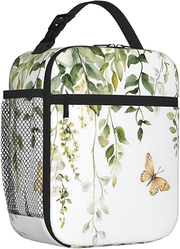 Vista 243 de SUPLUCHOM Lonchera vintage con diseño de hojas de hongos y bosque, bolsa aislada reutilizable con bolsillo lateral para el trabajo, escuela, picnic