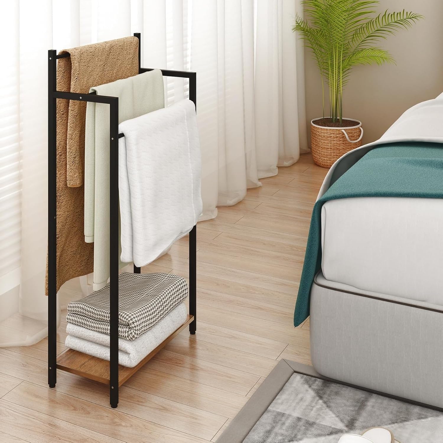 28272 Decorative Freestanding Towel Rack, 3 Tier Blanket Ladder Stand with Rustic Brown Wooden Shelf for Bathroom Living Room (31.5”H x 15.7”W x7.9”D) -Black-image-28