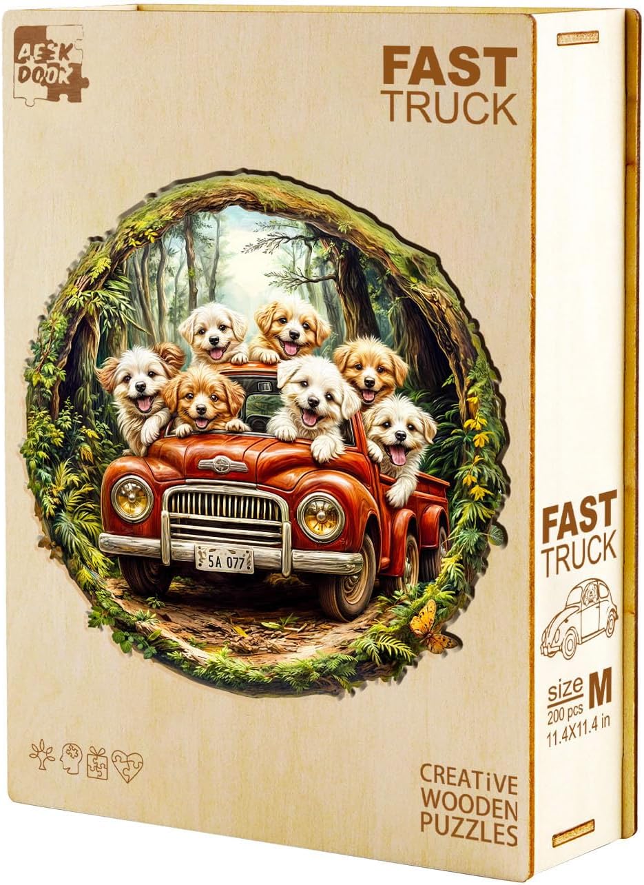 Wooden Puzzles for Adults - Dog Truck Wood Puzzles Adult - Unique Animal Shape Wooden Jigsaw Puzzles for Adults - Birthday Gifts for Puzzle Lovers, Family (11.4 * 11.4in-200 Pieces)