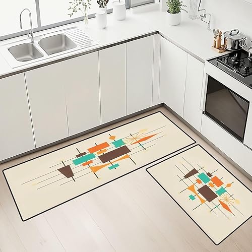 Kitchen Rugs Set 50s Mid Century Modern Vintage Retro 1950s Mod Fifties Geometric Kitchen Mat for Floor Non-Slip Washable Kitchen Runner Doormat