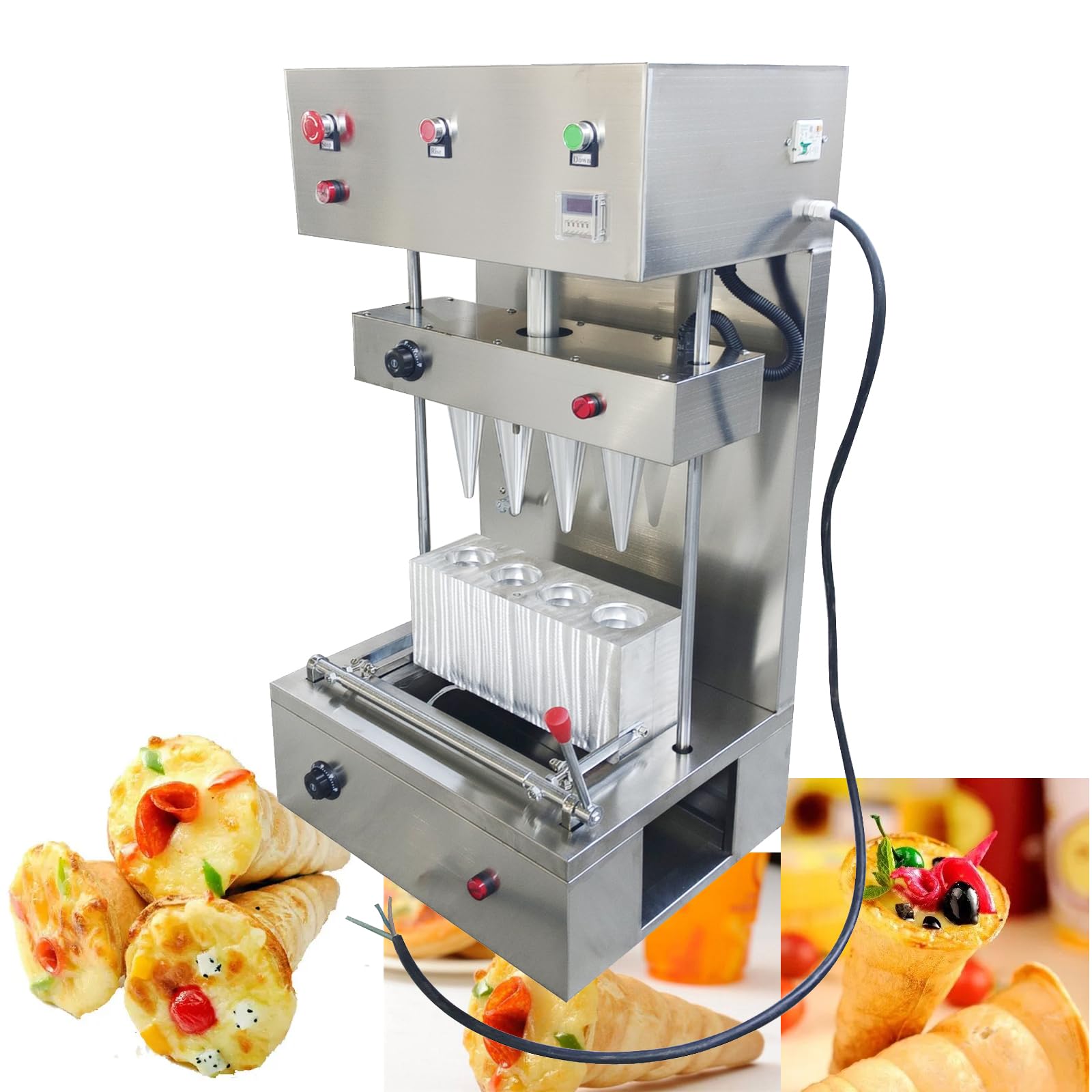EQCOTWEA Pizza Cone Forming Machine, Pizza Cone Maker, Stainless Steel 4 Heads Pizza Cone Shape Making Machine, 2.76x6.69x0.19in Spiral Cone Pizza, for Hotel Restaurant Bakery Pizzeria 110V 2.8KW