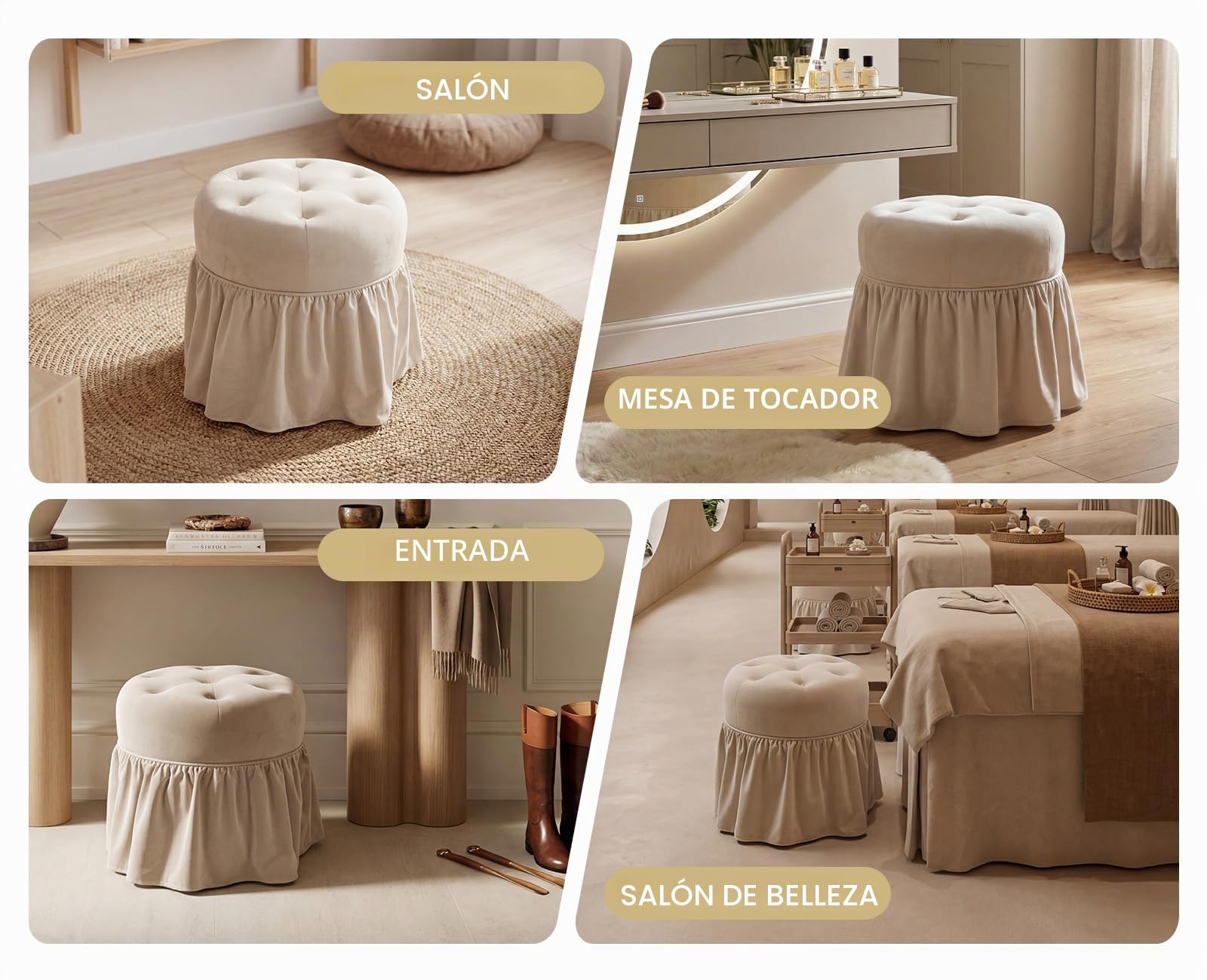 Ya-Home Taburete Tocador Otomano Terciopelo con Ruedas, Beige