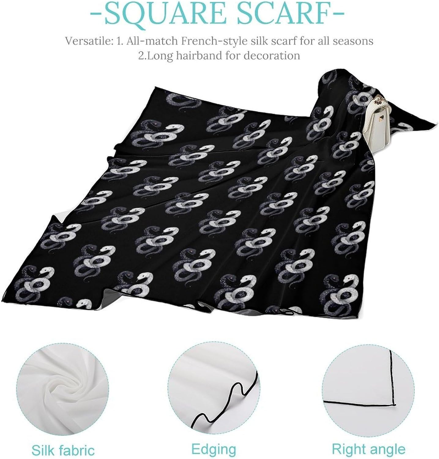 Funny Snake Silk-Like Square Scarf for Women Vintage Printed Neck Scarf Bandanas Hair Scarves