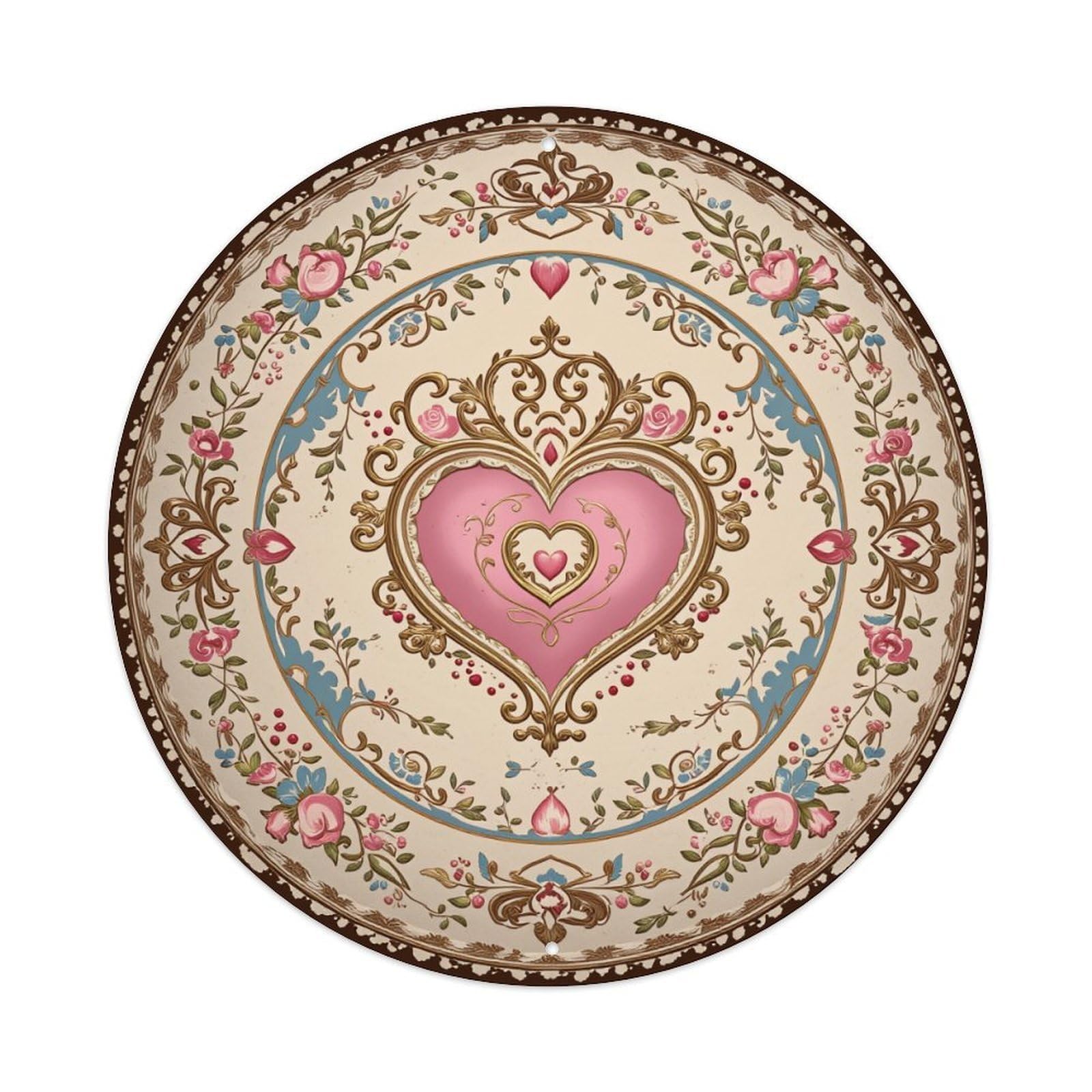 Heart Floral Ornate Vintage Pattern Round Tin Sign Vintage Metal Poster, Home Bar Garage Man Cave Cafe Indoor & Outdoor Wall Decoration 8x8Inches