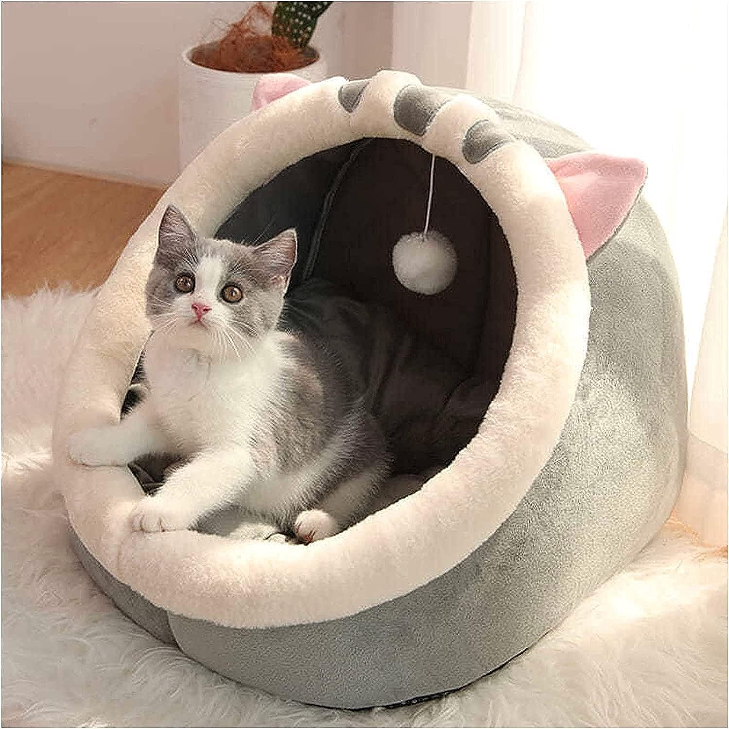 Cat Bed Pet Cave Bed with Anti-Slip Bottom, 48 * 44 * 42cm,Suitable for All Cats & Small Dogs, Pet Bed with Removable Washable Cushion, Soft Calming Bed with Hanging Toy Ideal for Cats and Puppy (B)