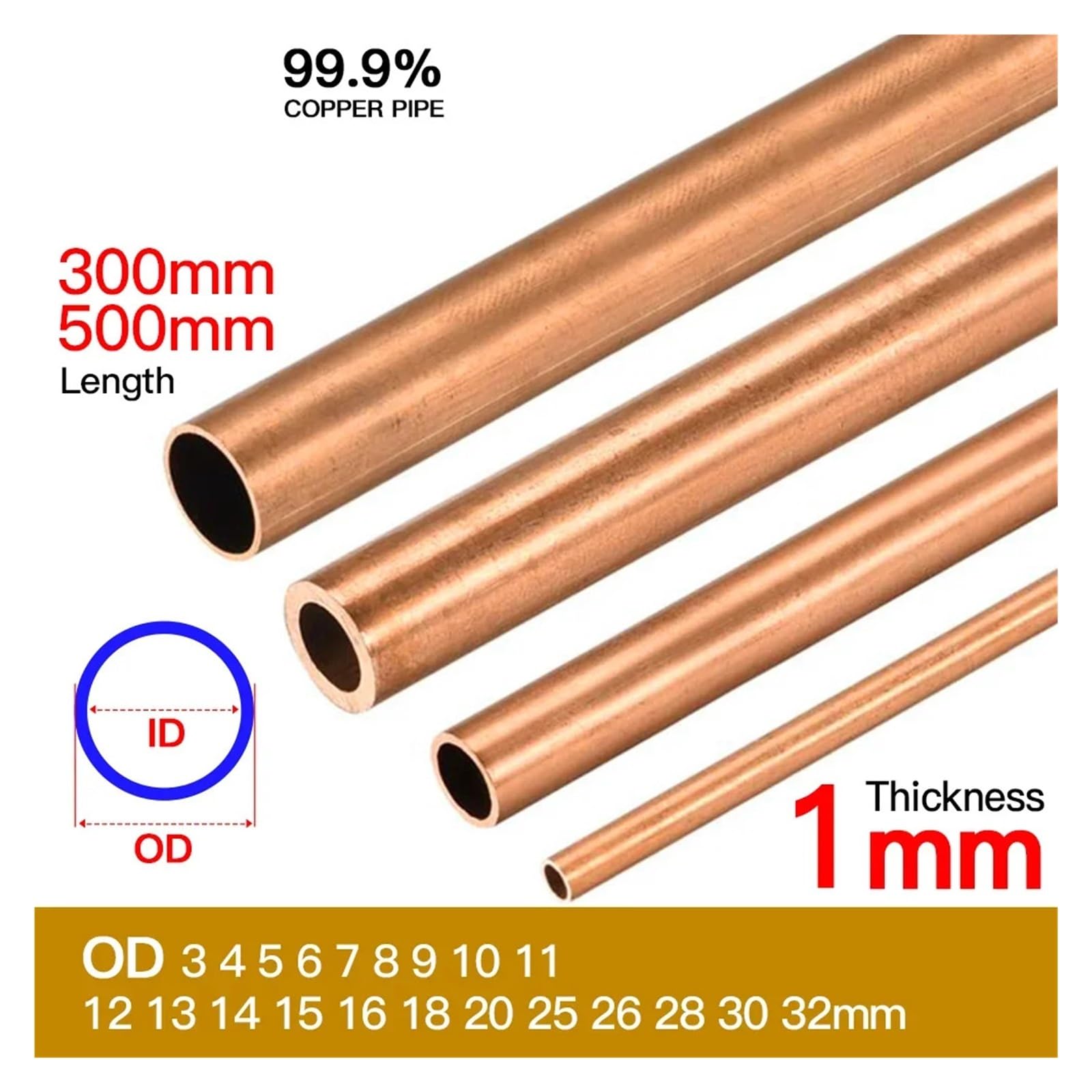 Tubo di rame 1 mm di spessore della parete 3-30 mm di diametro esterno 300 mm 500 mm di lunghezza cavo dritto(500mm,OD 18 x ID 14mm)