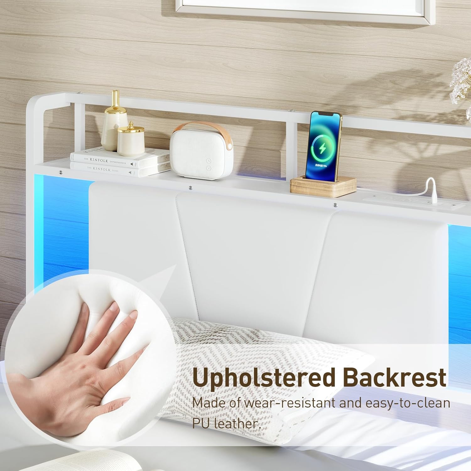 Twin Bed Frame with Charging Station, LED Bed with Under Bed Storage, Twin Size Metal Platform Bed Frames with Upholstered Headboard, No Box Spring Needed, Noise Free, Easy Assembly, White