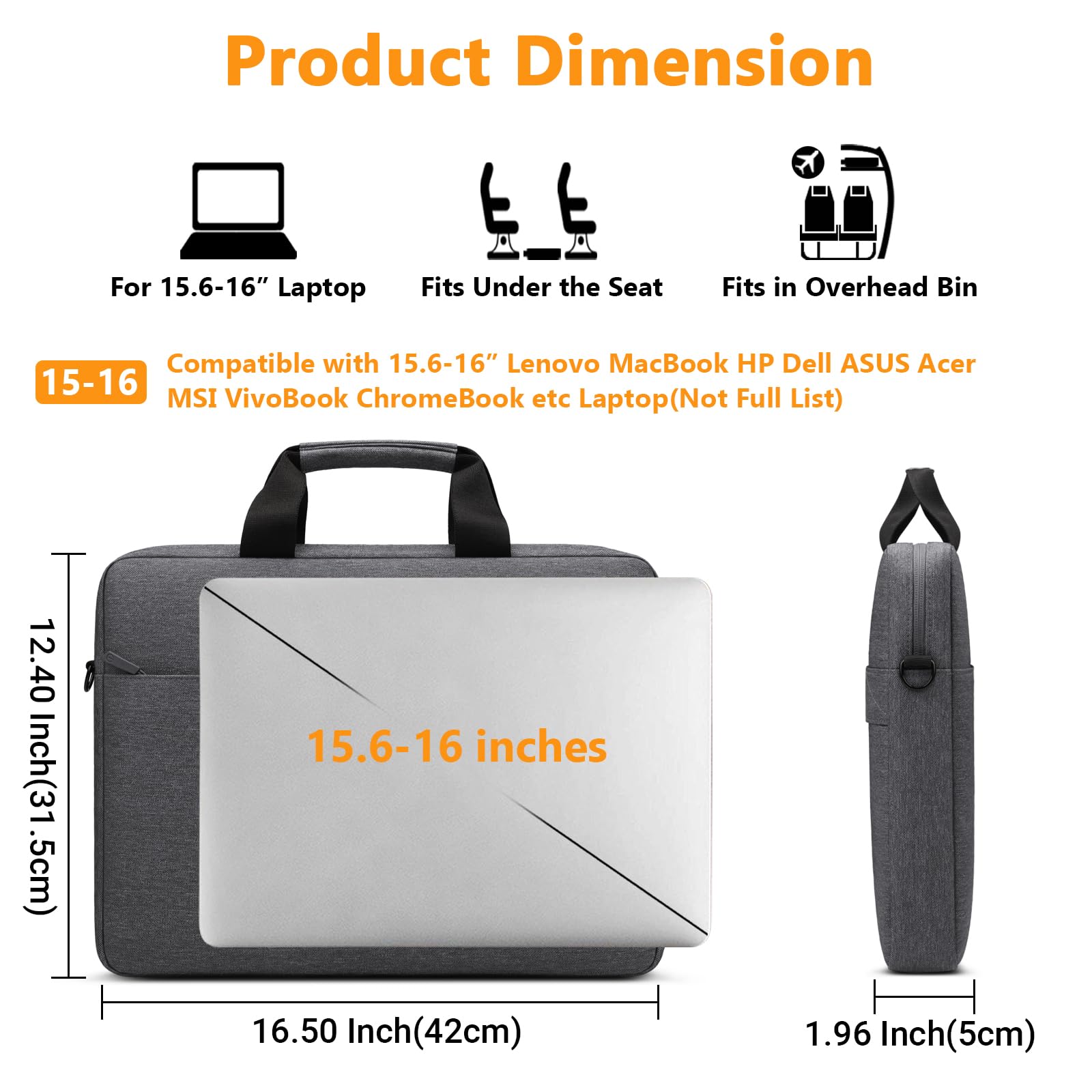 ZYB Sacoche Ordinateur Portable 15.6-16 Pouces,Imperméable Housse Ordinateur 15.6-16 Pouces Pochette pour 15"-16" PC Ordi MacBook/Dell/Lenovo/Acer/HP/MSI/ASUS Sac à Bandoulière Serviette-Gris Foncé
