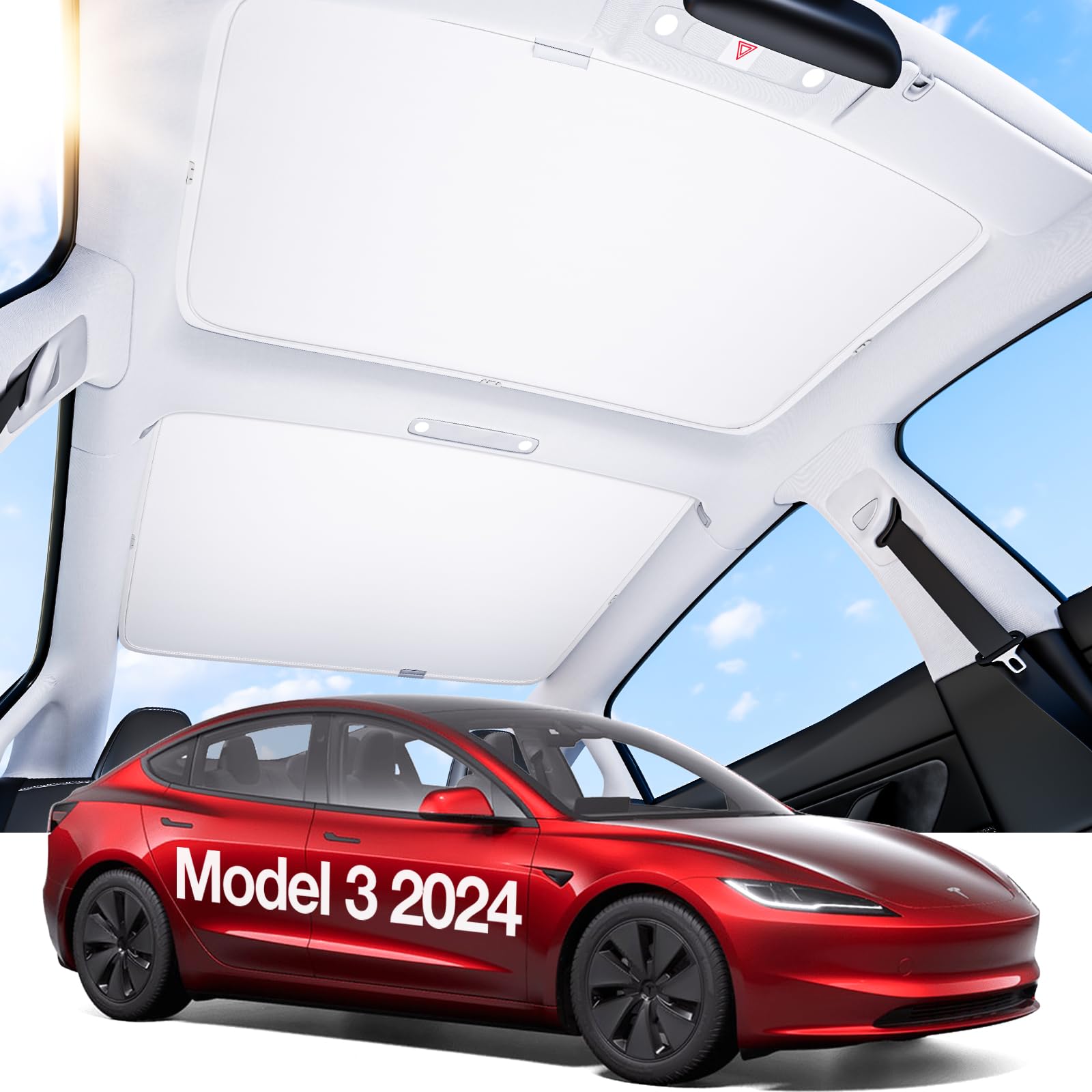 Photo 1 of Newest Tesla Model 3 2024 Highland Sunshade Roof [Never Sag, Nano Ice-Crystal Coatings] 3-Gen Heat Insulation Glass Roof Sun Shade, Accessories for Tesla Model 3 2024, Tesla Interior Gray