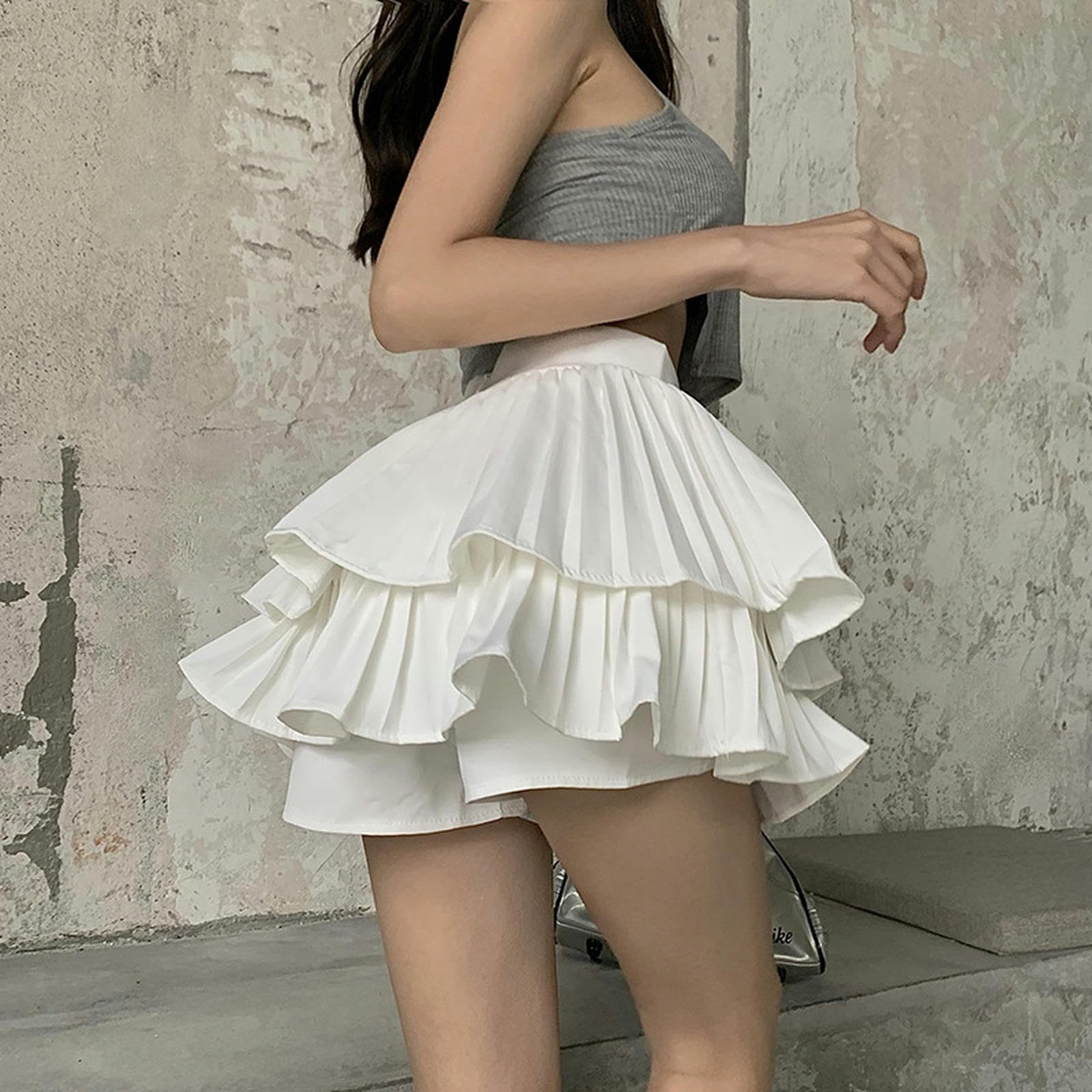 Dulce Falda Plisada De Pastel De Doble Capa Verano Anti-exposición Pantalones Cortos para Niñas Falda De Cintura Alta Falda De Una Línea-Blanco-M