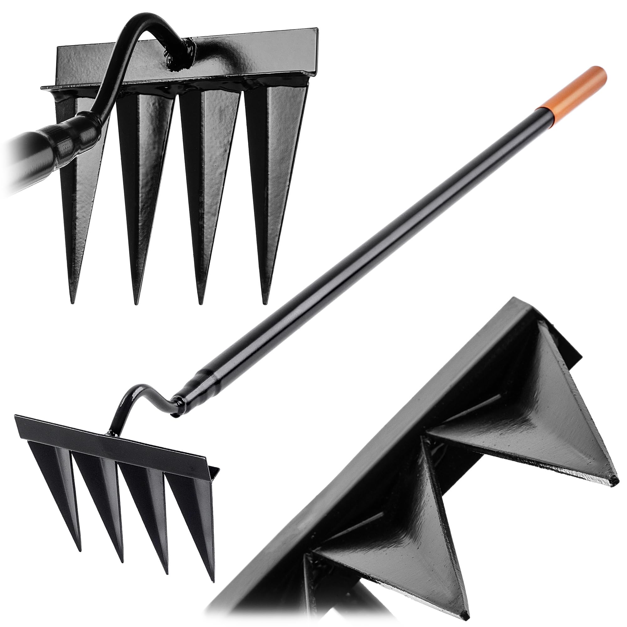 KADAX Azada para malas hierbas con 4 puntas afiladas, azada de jardín de acero altamente carbonizado para jardinería, herramienta de jardín para deshierbar, aflojar y airear el suelo (con mango de