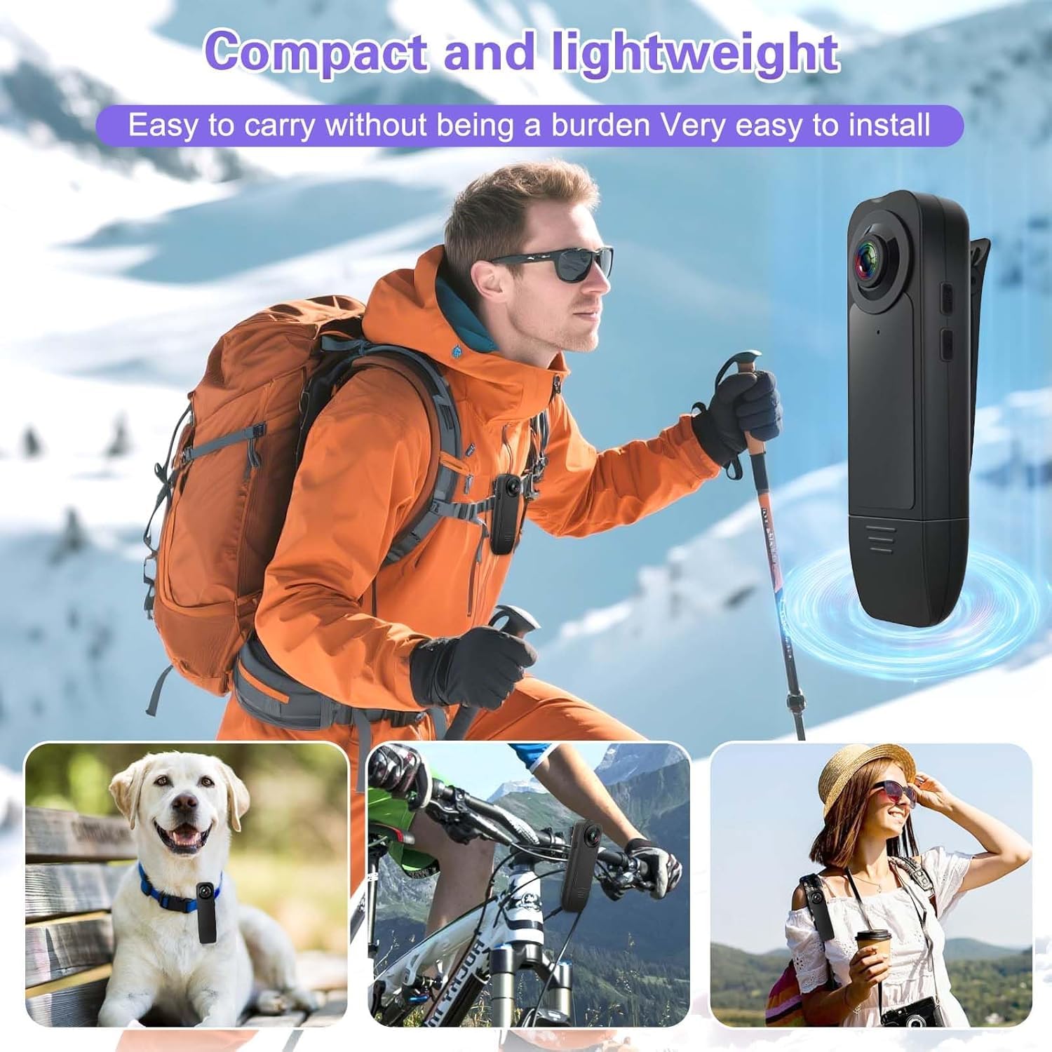 Mini caméra corporelle 1080p avec audio et vidéo avec carte mémoire de 64 Go de stockage en boucle pour la randonnée, la marche, les voyages