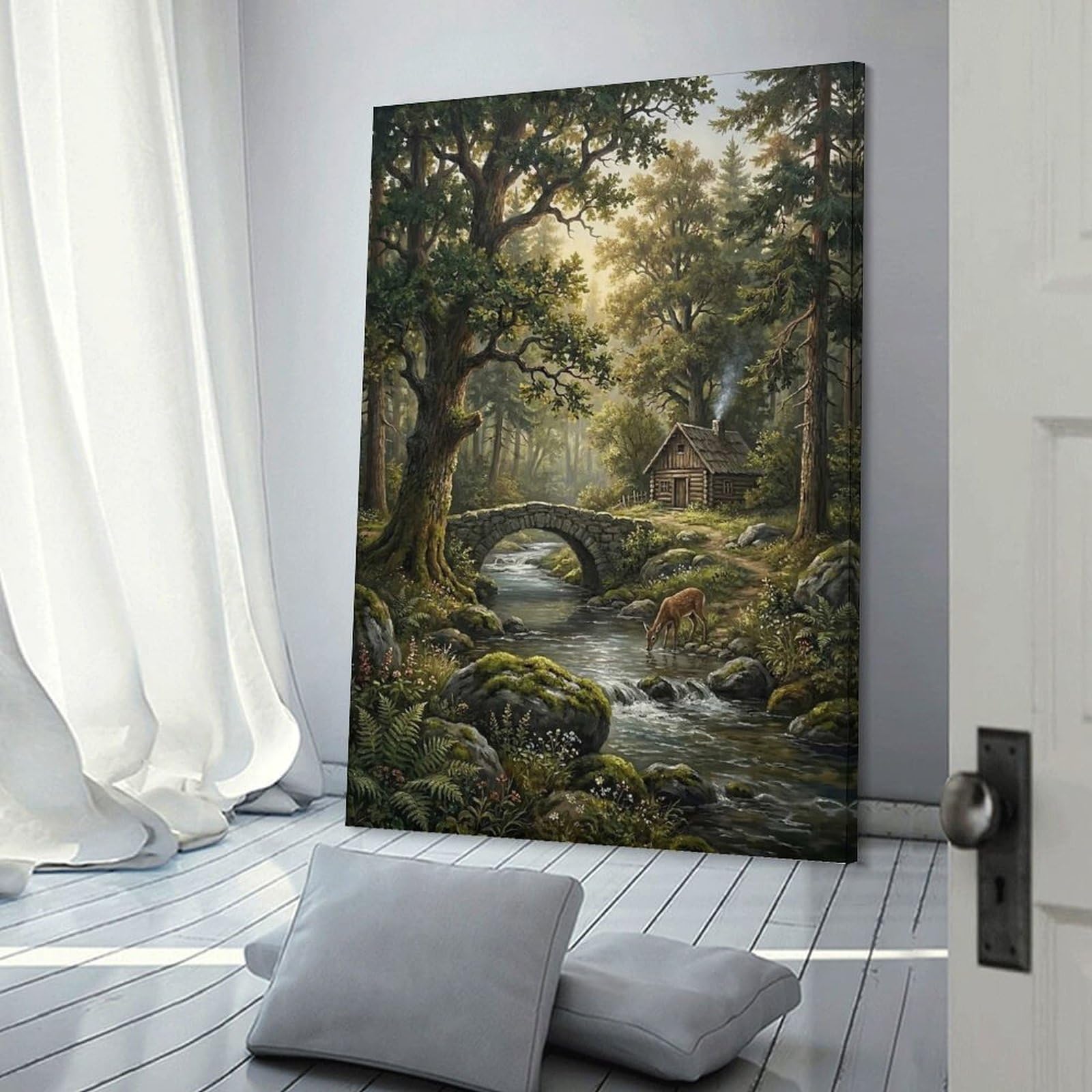 Junmoney Enchanted Forest Cabin And Bridge Wall Art Print 20x30inch(50x75cm), for Art Walls, Layered Displays Or Homes, Wall Decor Suited to Curated Displays