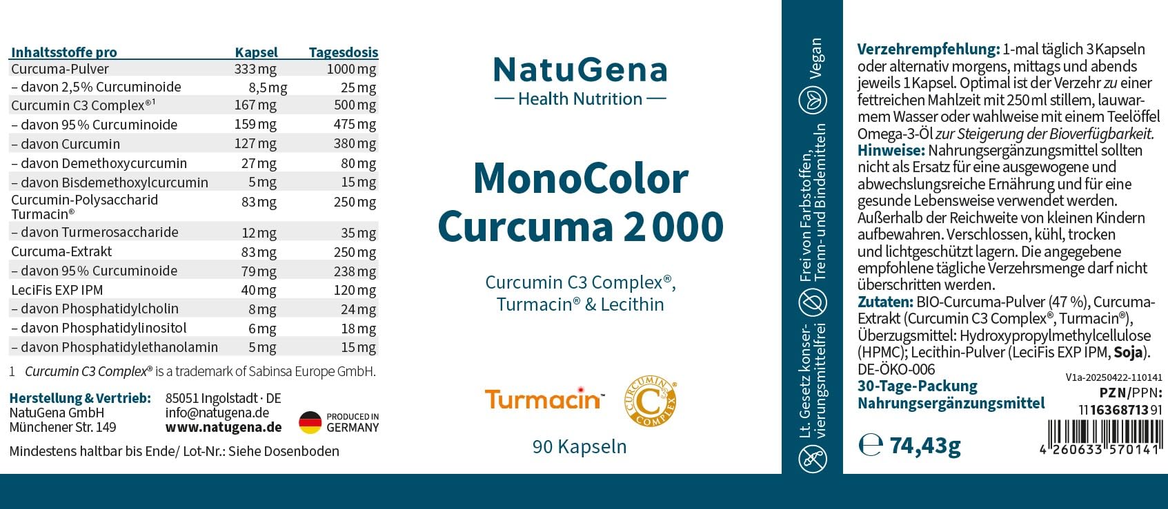 NatuGena MonoColor Curcuma 2000, Bio Curcumin, Kurkuma, Made in Germany