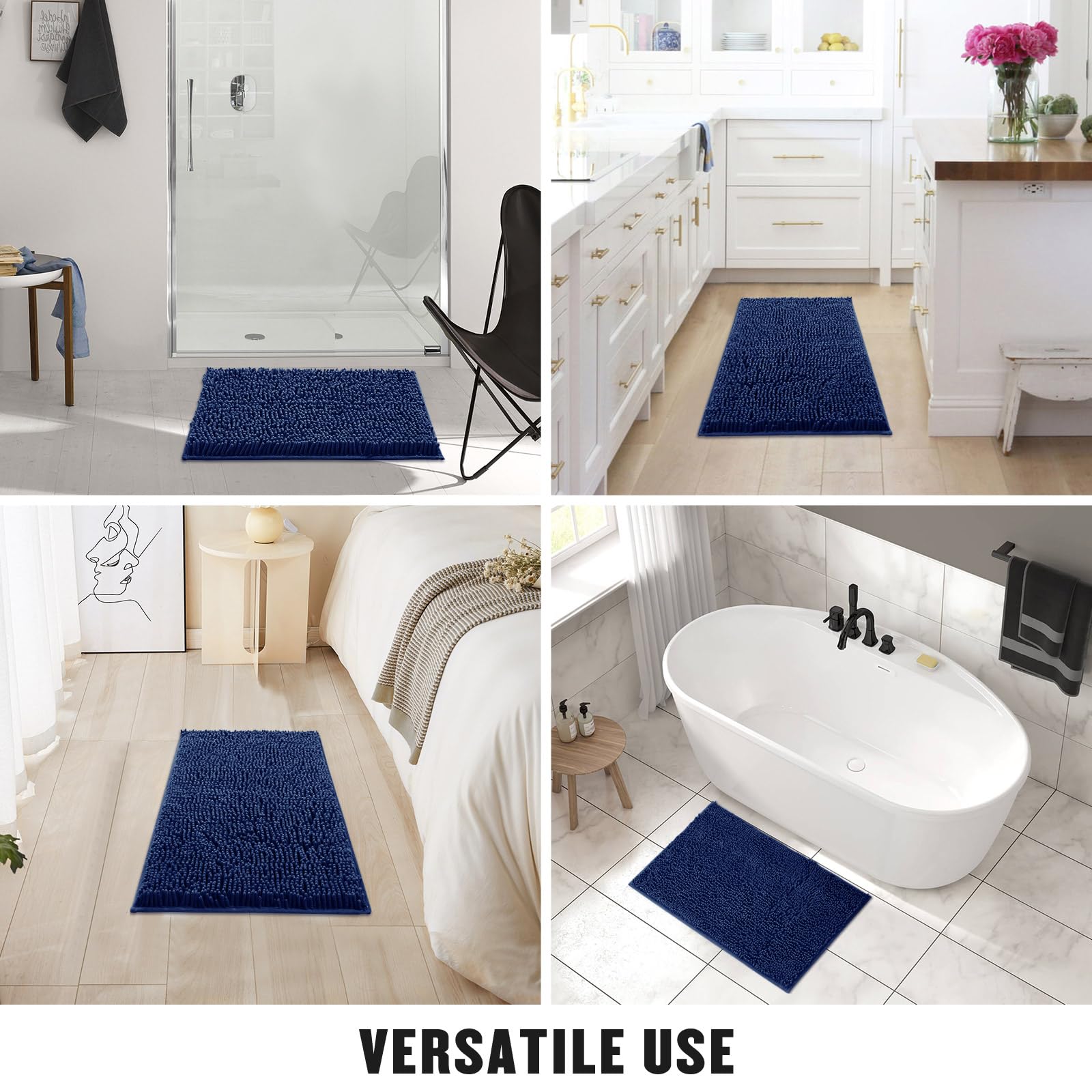 MitoVilla Lot de 2 tapis de salle de bain en chenille extra doux et absorbant - Tapis de sol antidérapant et épais à poils longs - 50,8 x 81,3 cm - Bleu marine