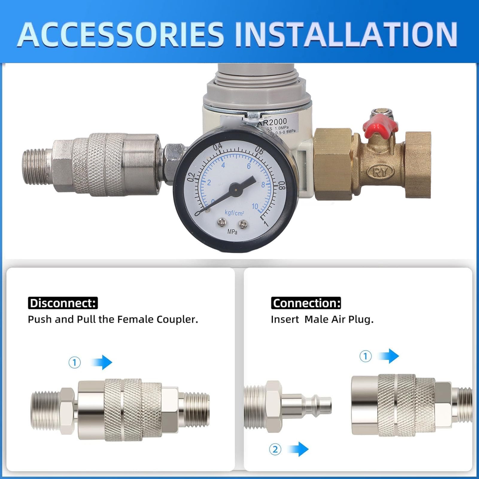 Regulator ciśnienia powietrza AR2000 1/2 cala NPT, zawór trójdrożny, regulator ciśnienia powietrza w stylu amerykańskim, z manometrem 0-1 MPa do sprężarek powietrza i narzędzi pneumatycznych
