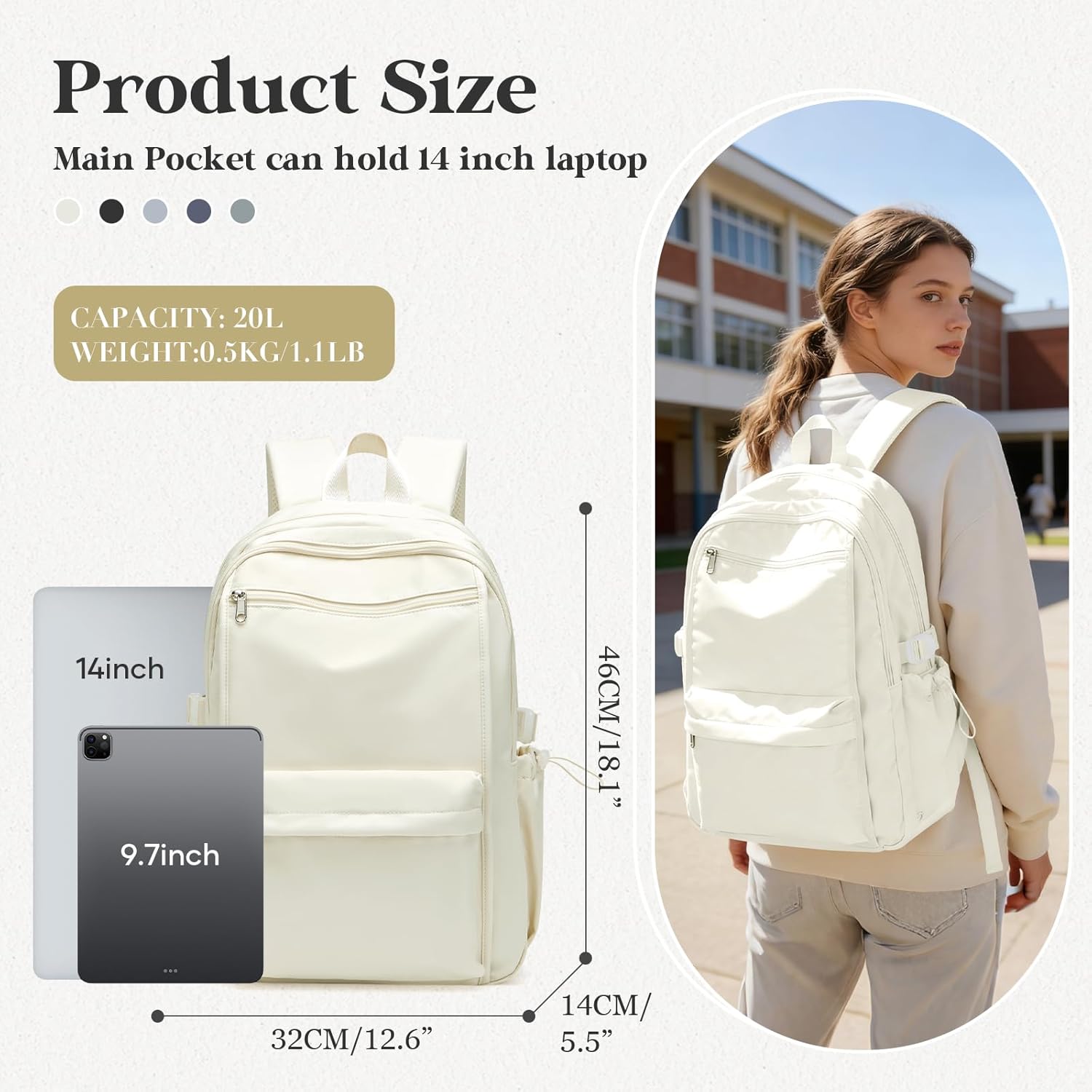 Simple School Backpack For Women,Lightweight College Backpack,High School Bag For Teens Boys Girls,Casual daypack Small Travel Backpacks Men Cute Bookbag(Beige)