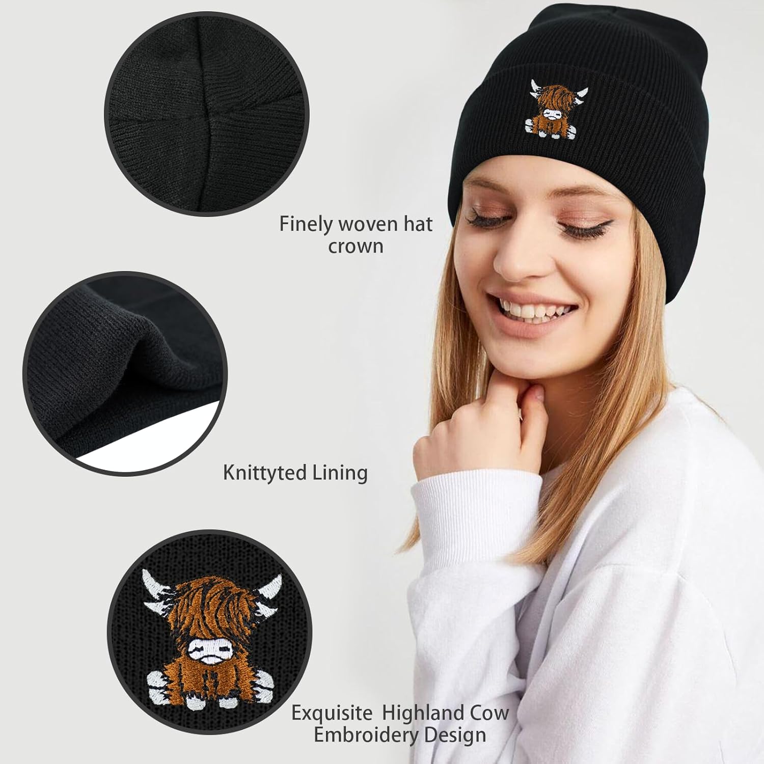 Scottish Highland Cow Beanie Hat, Cute Funny Cow Embroidery Winter Knit Skull Cap for Adult Men Women - Image 2