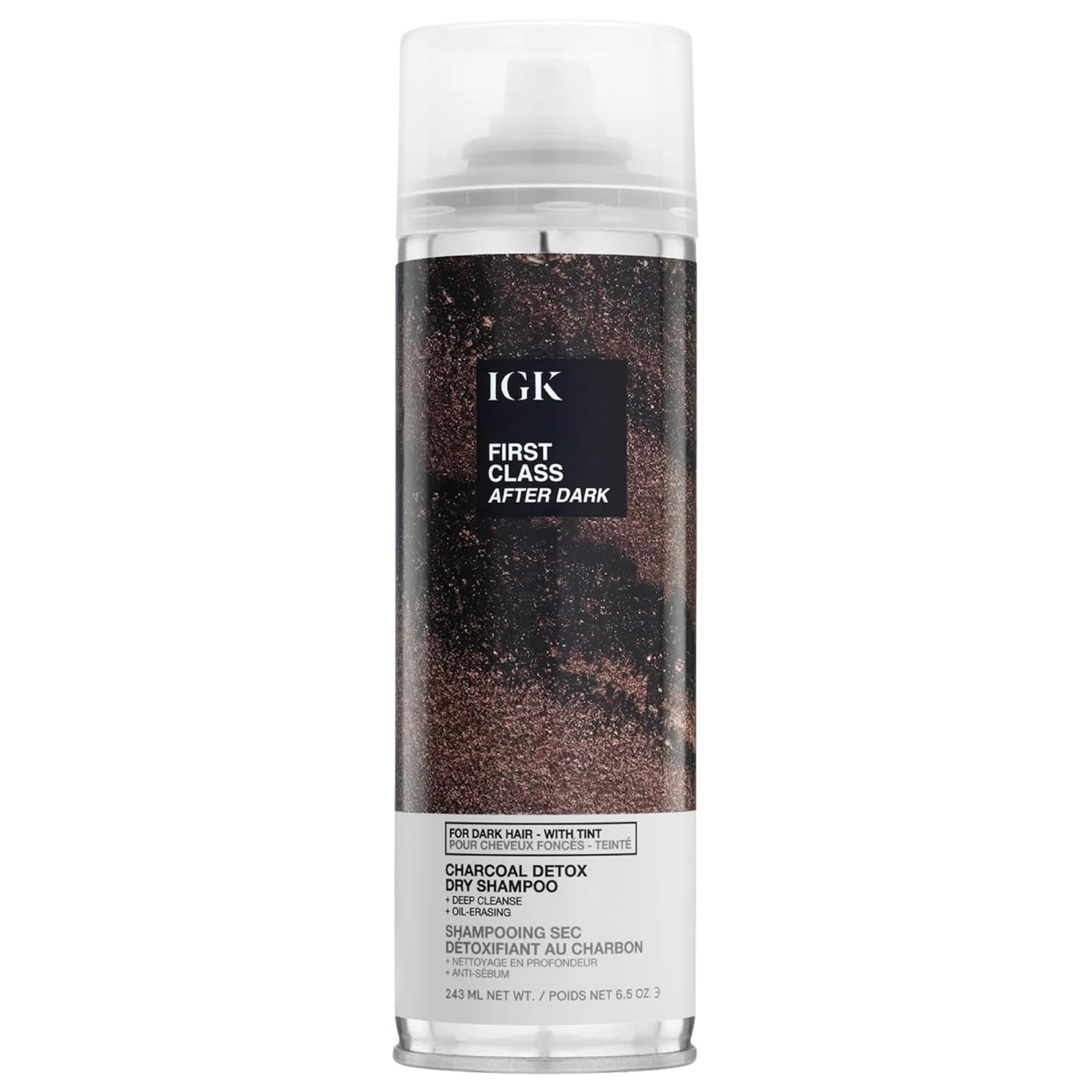 IGK First Class After Dark Charcoal Detox Dry Shampoo for Dark & Brunette Hair | Brown Tinted No White Residue Spray Adds Volume + Texture | Oil Absorbing & Odor Eliminating Formula | 6.5oz
