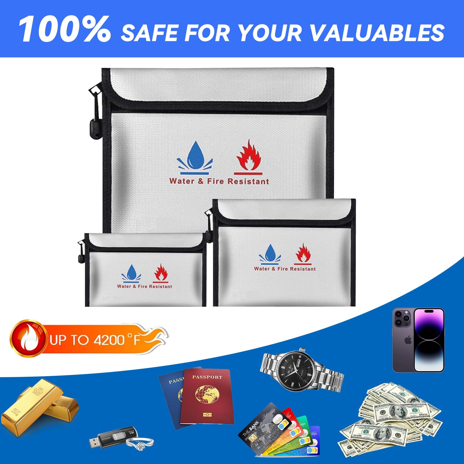 Feuerfeste Tasche Dokumententasche - 3 Set Feuersichere wasserdichte Tasche Hülle Beutel Behälter für Dokumente Passport Bankdatei Geld Wertsachen