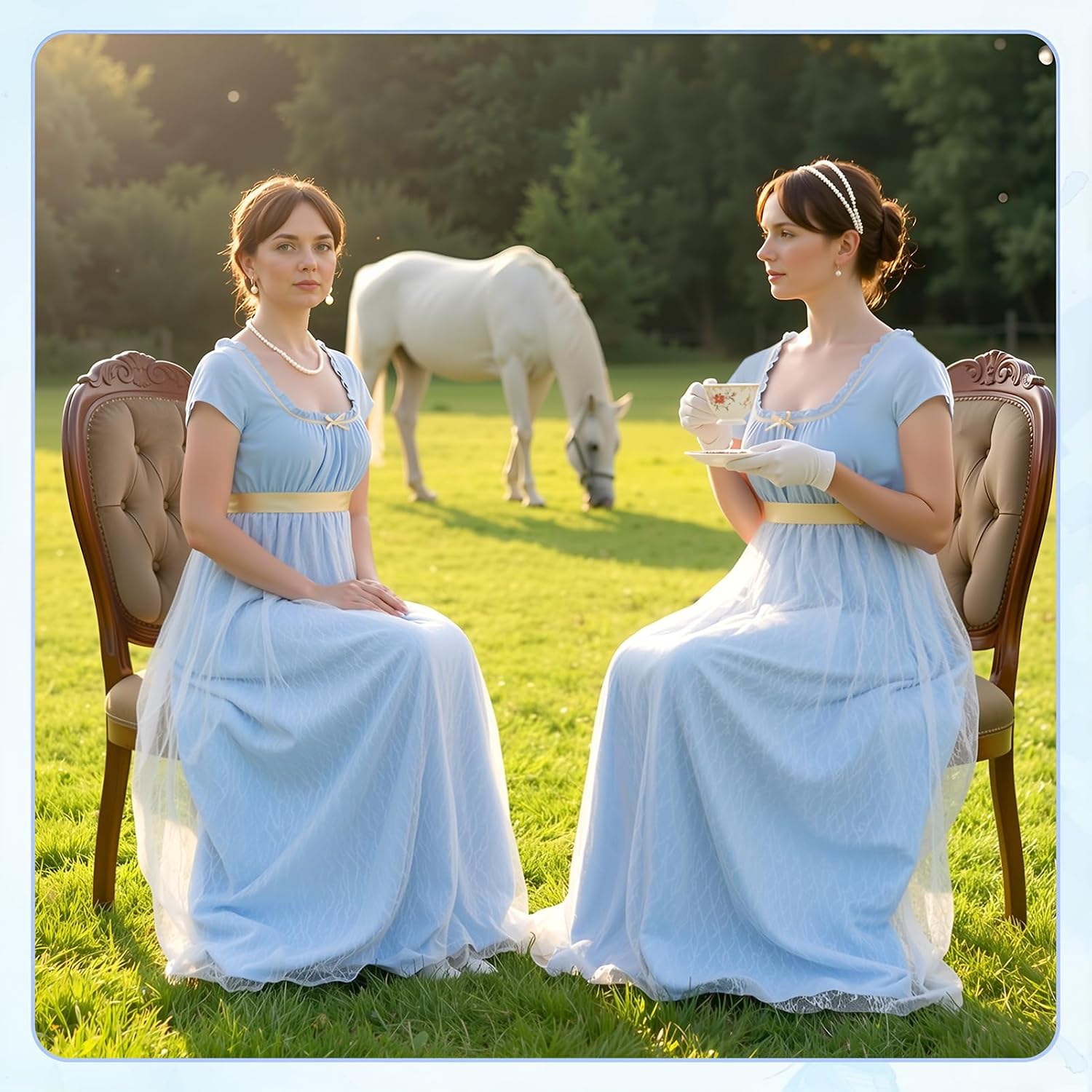 Regency Dresses for Women with Satin Sash Cap Sleeve Lace Cover Empire Waist Victorian Tea Party Gown
