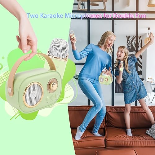 Miniatura 8 de Mini máquina de karaoke para niños, altavoz Bluetooth portátil con 2 micrófonos inalámbricos, juguetes para niñas y niños, juego de altavoces retro,
